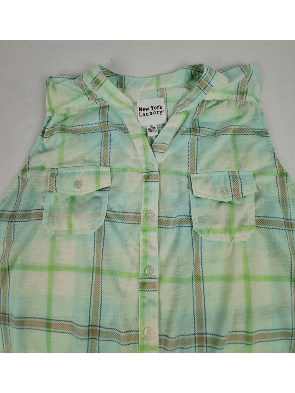 Women's Size 3X Sleeveless Button-Down Green/Blue Plaid Blouse New York Laundry - Picture 8 of 8